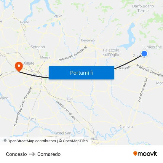 Concesio to Cornaredo map
