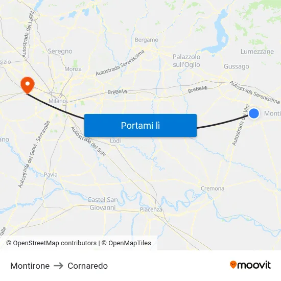 Montirone to Cornaredo map