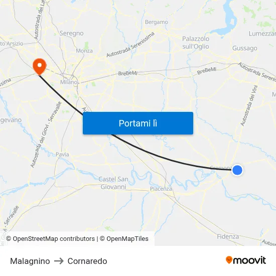 Malagnino to Cornaredo map