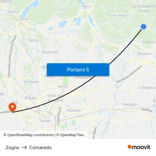 Zogno to Cornaredo map