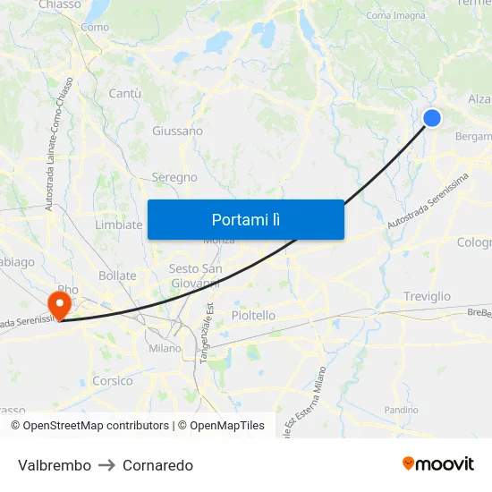 Valbrembo to Cornaredo map