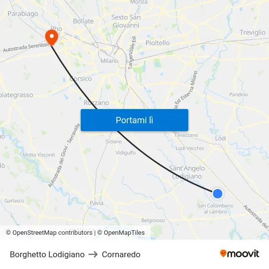 Borghetto Lodigiano to Cornaredo map