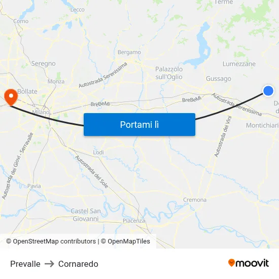 Prevalle to Cornaredo map
