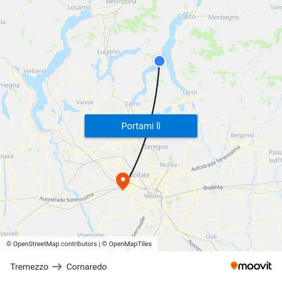 Tremezzo to Cornaredo map