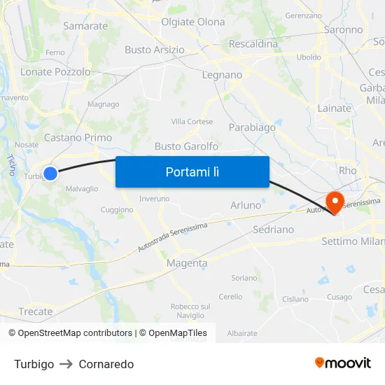 Turbigo to Cornaredo map
