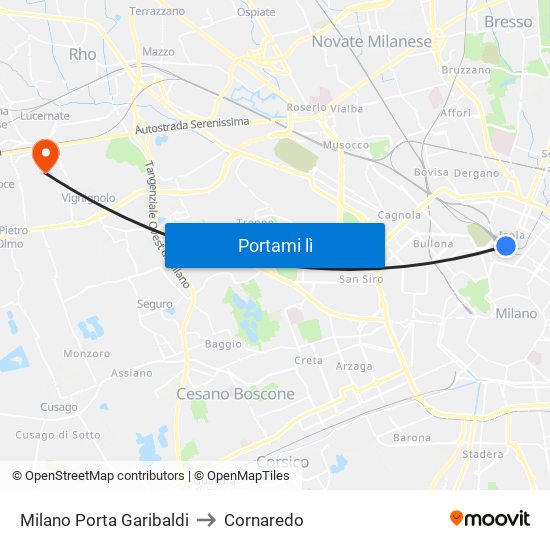 Milano Porta Garibaldi to Cornaredo map