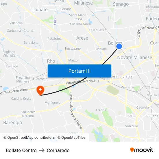 Bollate Centro to Cornaredo map
