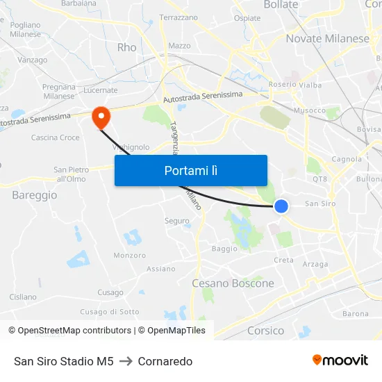 San Siro Stadio M5 to Cornaredo map