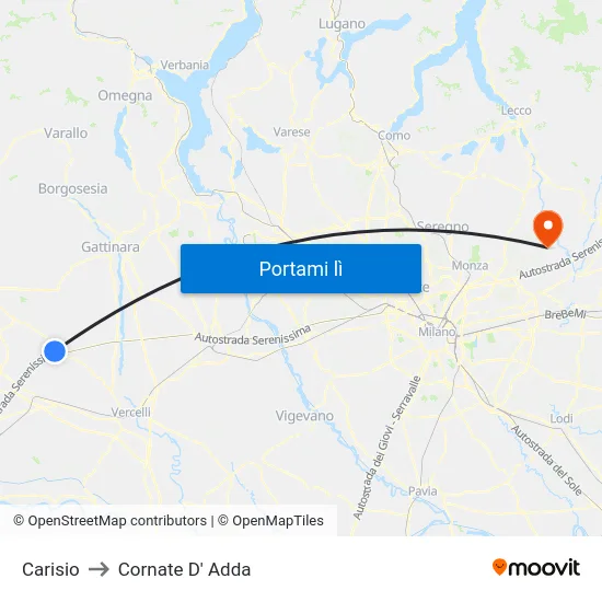 Carisio to Cornate D' Adda map