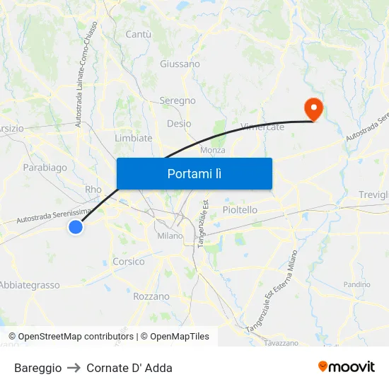 Bareggio to Cornate D' Adda map