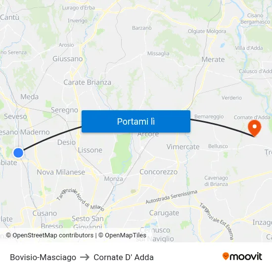 Bovisio-Masciago to Cornate D' Adda map