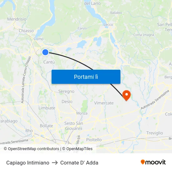 Capiago Intimiano to Cornate D' Adda map