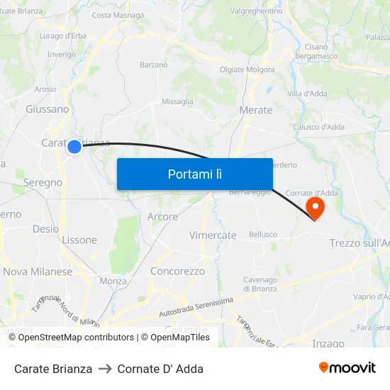 Carate Brianza to Cornate D' Adda map
