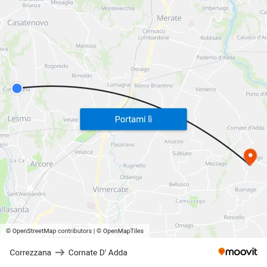 Correzzana to Cornate D' Adda map