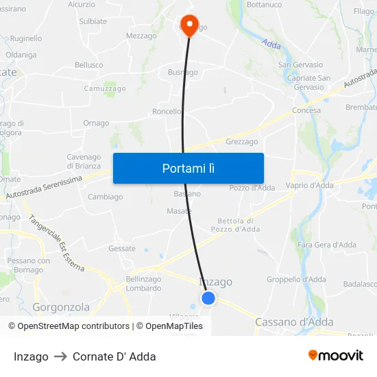 Inzago to Cornate D' Adda map