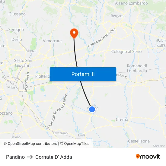 Pandino to Cornate D' Adda map