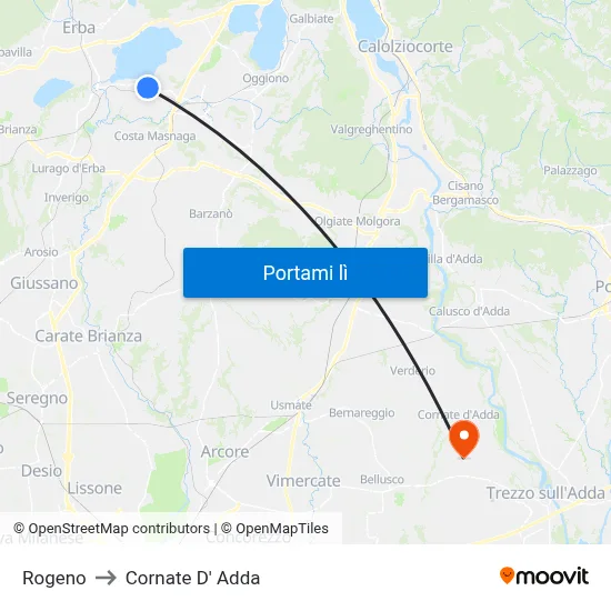 Rogeno to Cornate D' Adda map