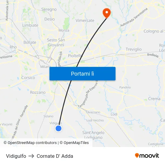 Vidigulfo to Cornate D' Adda map