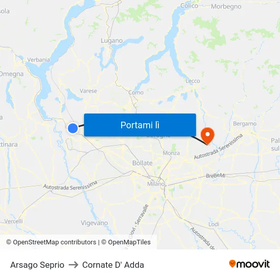 Arsago Seprio to Cornate D' Adda map