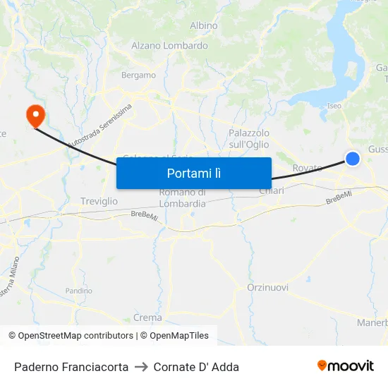 Paderno Franciacorta to Cornate D' Adda map
