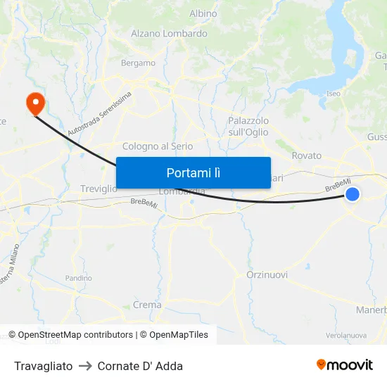 Travagliato to Cornate D' Adda map