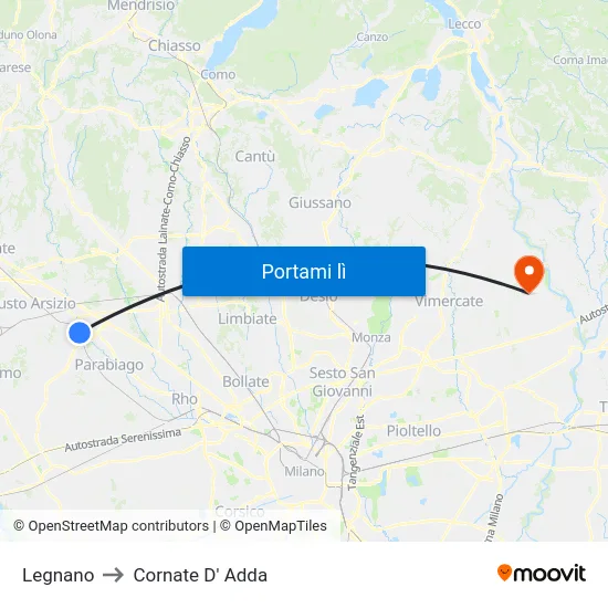 Legnano to Cornate D' Adda map