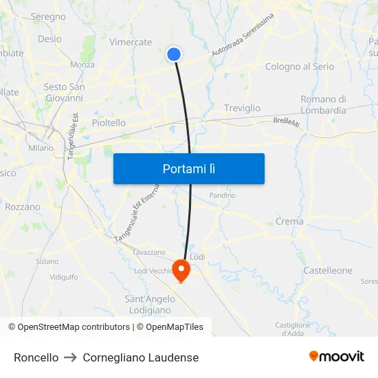 Roncello to Cornegliano Laudense map