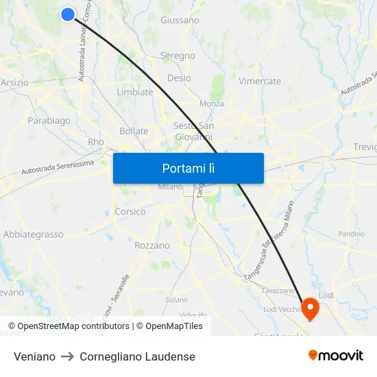 Veniano to Cornegliano Laudense map