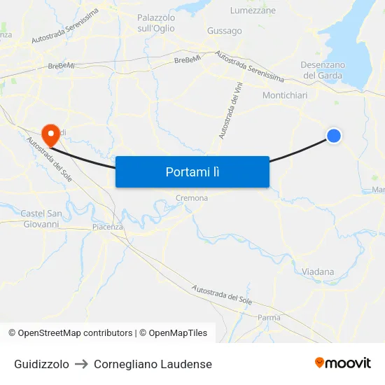 Guidizzolo to Cornegliano Laudense map