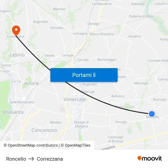 Roncello to Correzzana map