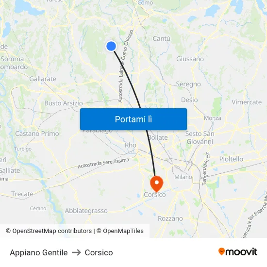Appiano Gentile to Corsico map