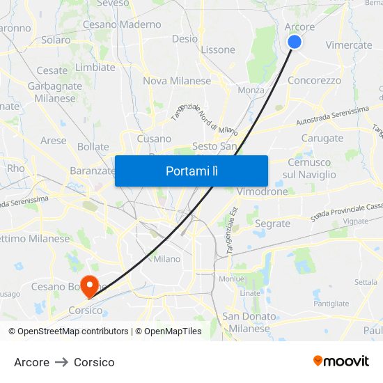 Arcore to Corsico map