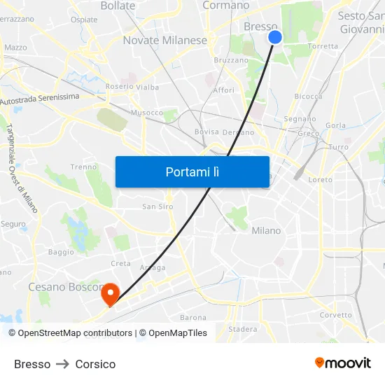 Bresso to Corsico map