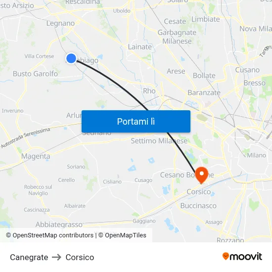 Canegrate to Corsico map