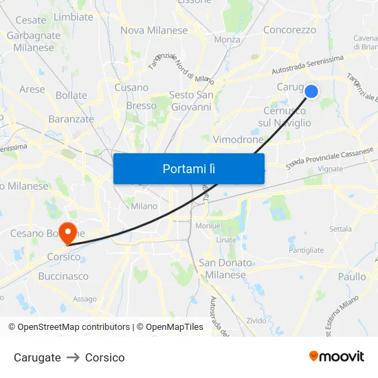 Carugate to Corsico map