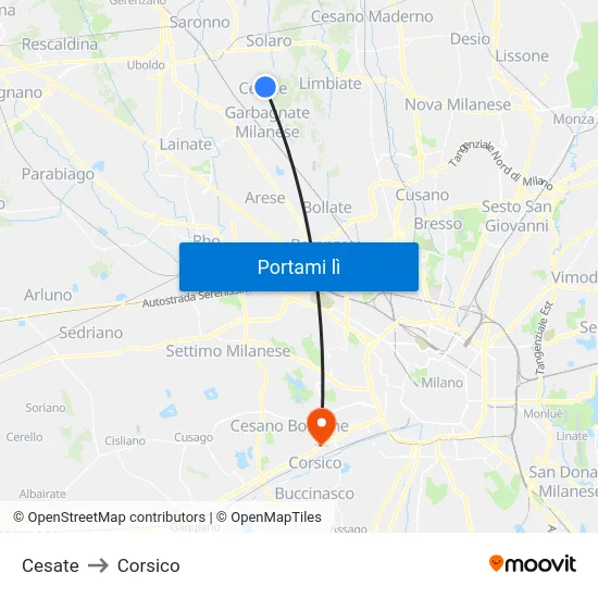 Cesate to Corsico map