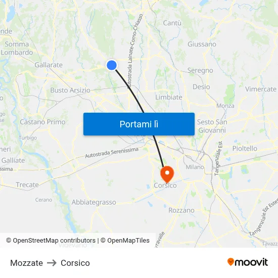 Mozzate to Corsico map