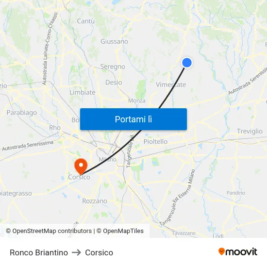 Ronco Briantino to Corsico map