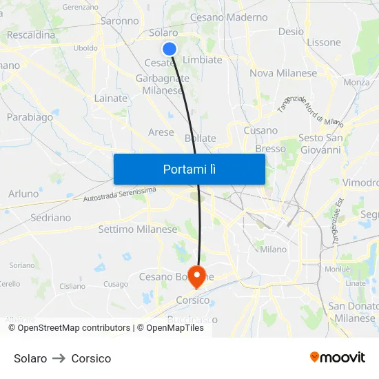 Solaro to Corsico map