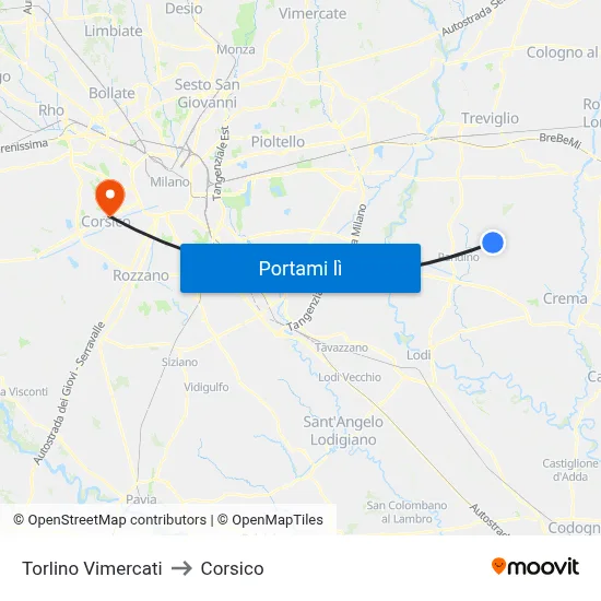 Torlino Vimercati to Corsico map