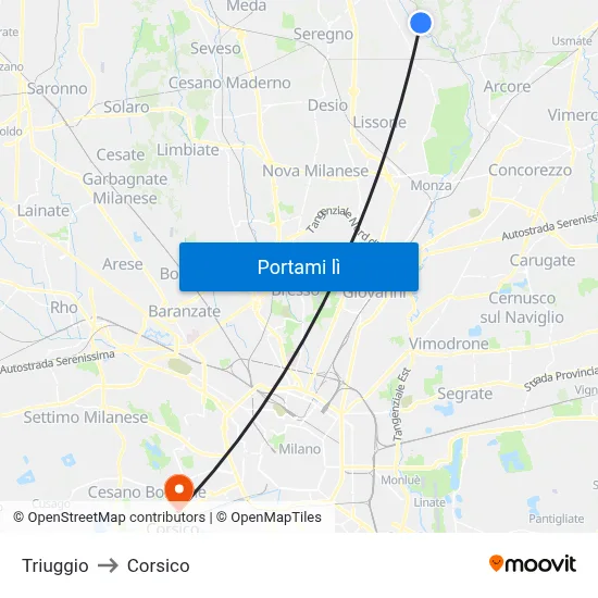 Triuggio to Corsico map