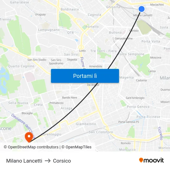 Milano Lancetti to Corsico map