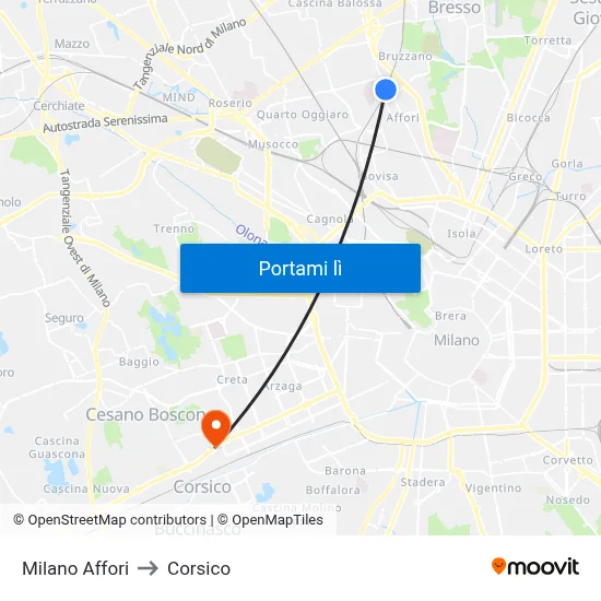 Milano Affori to Corsico map