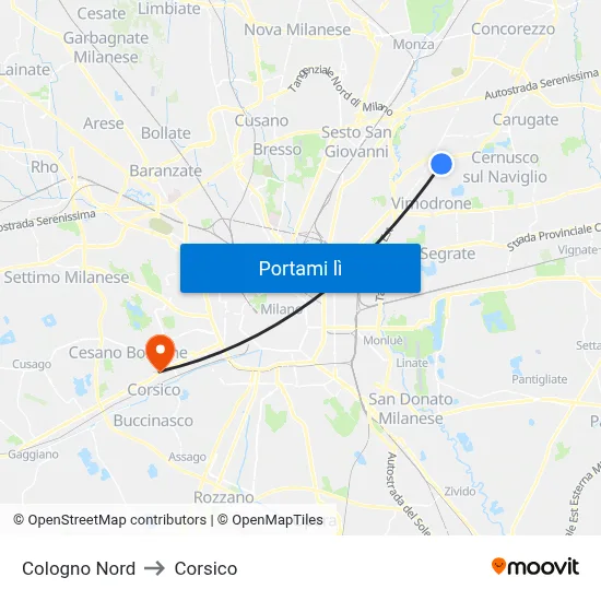 Cologno Nord to Corsico map