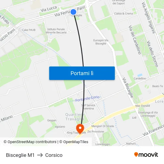 Bisceglie M1 to Corsico map