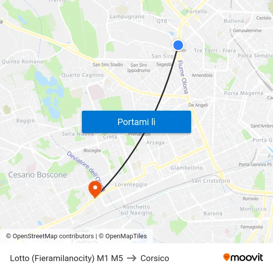 Lotto M1 M5 to Corsico map