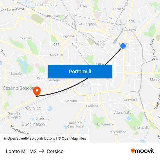 Loreto M1 M2 to Corsico map