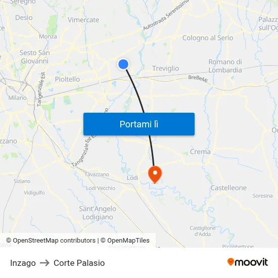Inzago to Corte Palasio map
