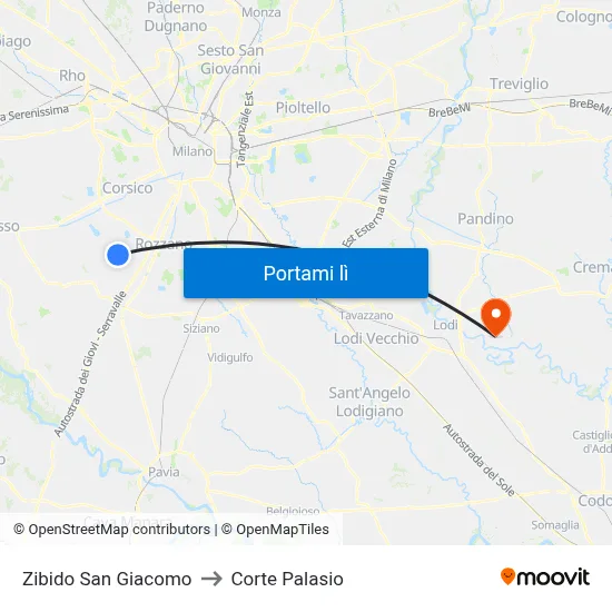 Zibido San Giacomo to Corte Palasio map