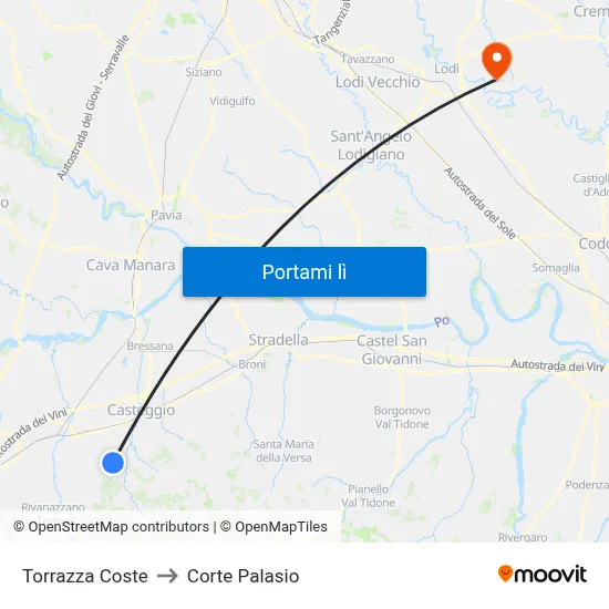 Torrazza Coste to Corte Palasio map